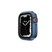 The Apple Watch is encased in the MAGEASY ODYSSEY Ultimate Edition, featuring an Aircraft-Grade Aluminum+TPU Bumper in a vibrant blue color. This design ensures a seamless transition between the smartwatch and the protective case, offering both style and durability.